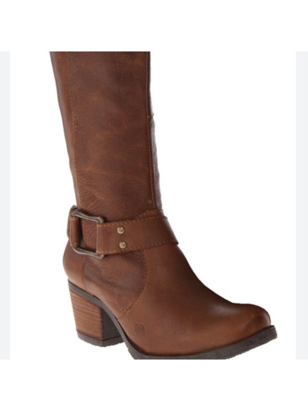 Born Chestnut Brown Leather Mid-Calf Heeled Boots